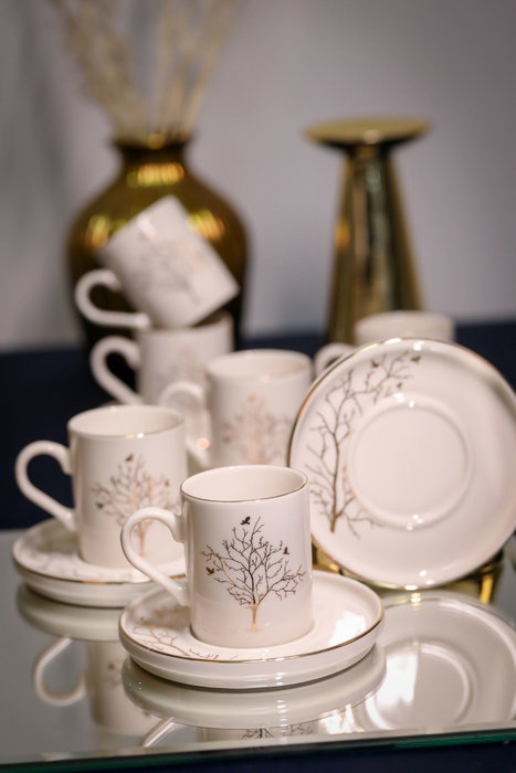 Hermia Hayat Ağacı Juego de tazas de café Blanco y dorado Hermia Hayat Ağacı Juego de tazas de café Blanco y dorado